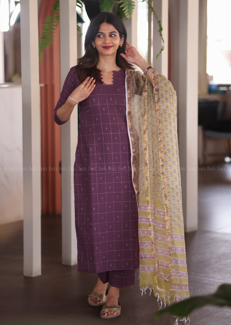 Plum Check Top & Dupatta Set