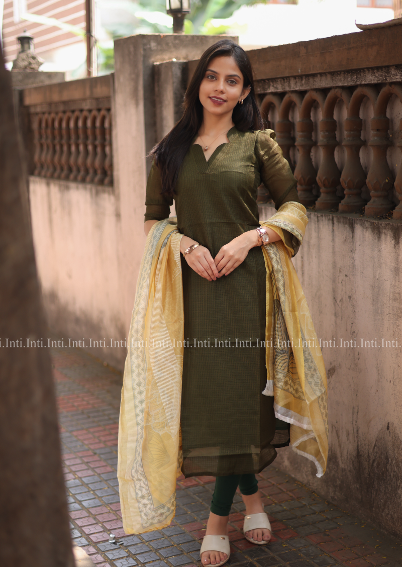 Olive Plaid Top and Dupatta Set