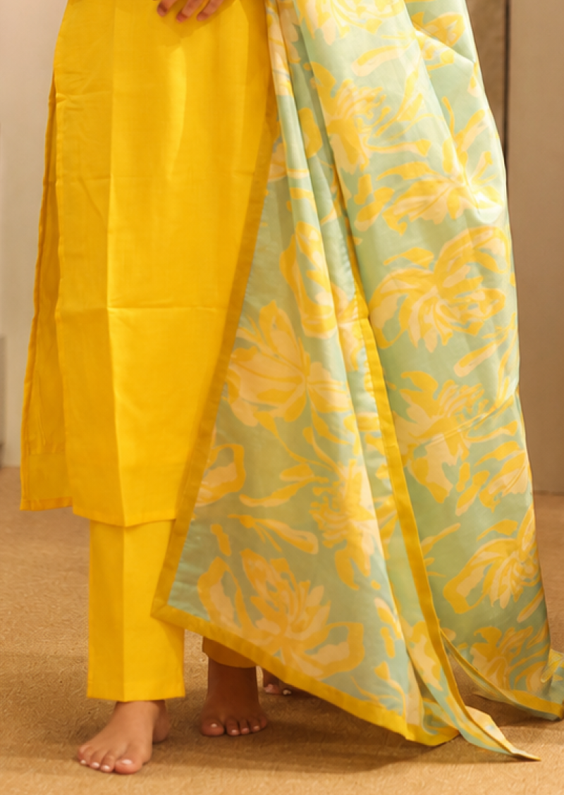 Yellow Cotton Solid Straight Pant