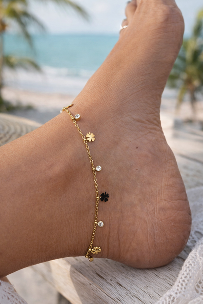 Floral Charm Anklet with Drop Accents
