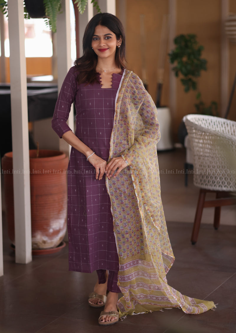 Plum Check Top & Dupatta Set
