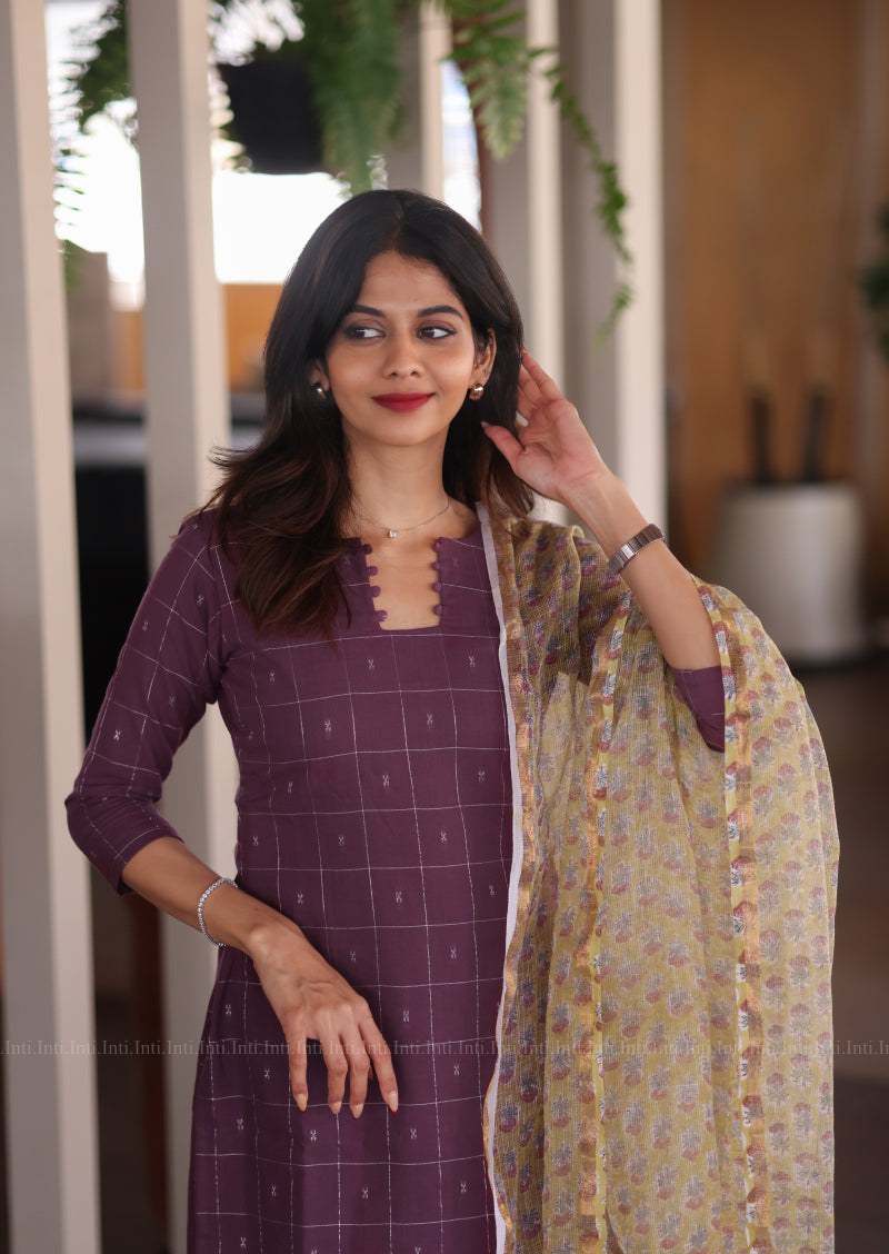 Plum Check Top & Dupatta Set