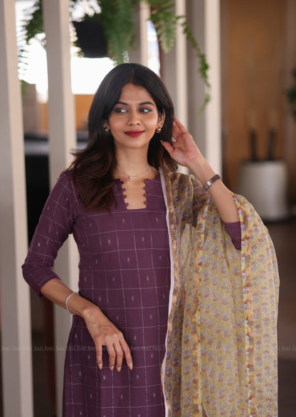 Plum Check Top & Dupatta Set