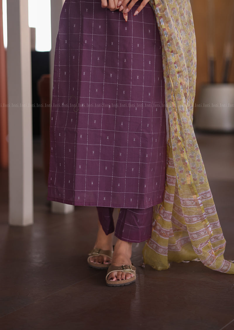 Plum Check Top & Dupatta Set