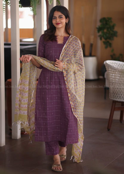 Plum Check Top & Dupatta Set
