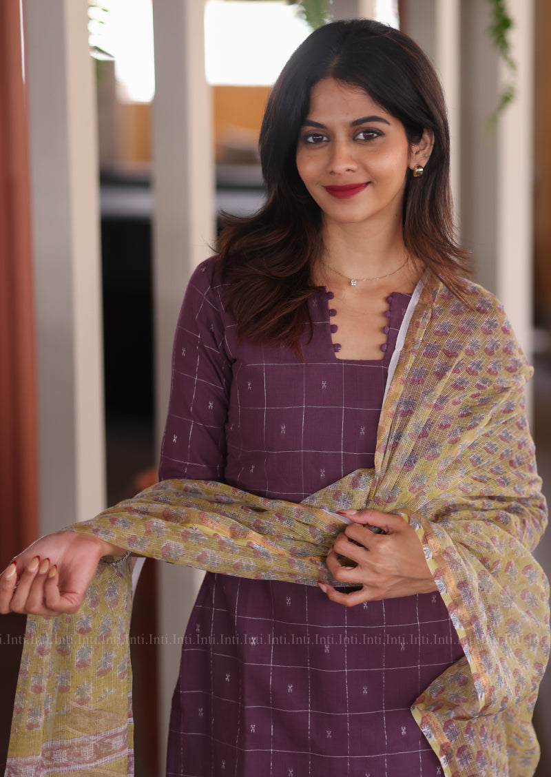 Plum Check Top & Dupatta Set