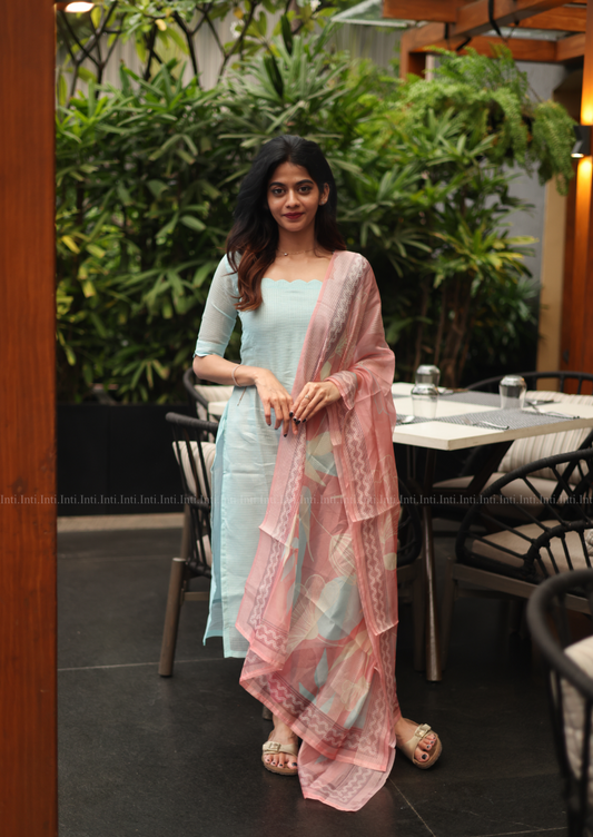 Sky Cream Top & Dupatta Set
