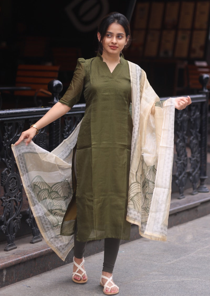 Olive Plaid Top and Dupatta Set