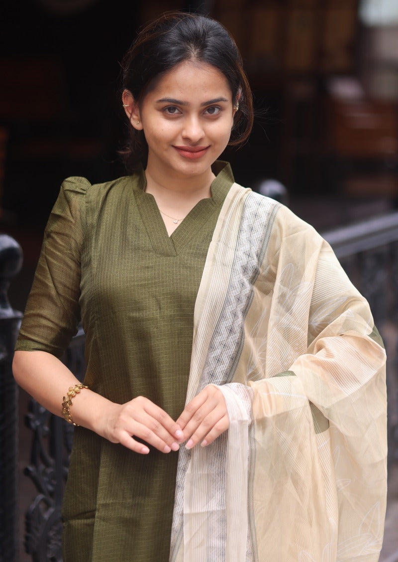 Olive Plaid Top and Dupatta Set