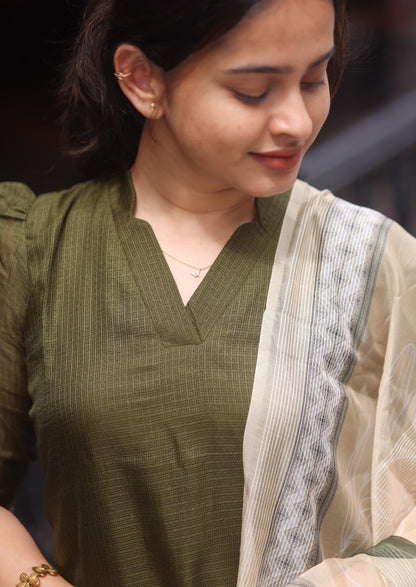 Olive Plaid Top and Dupatta Set