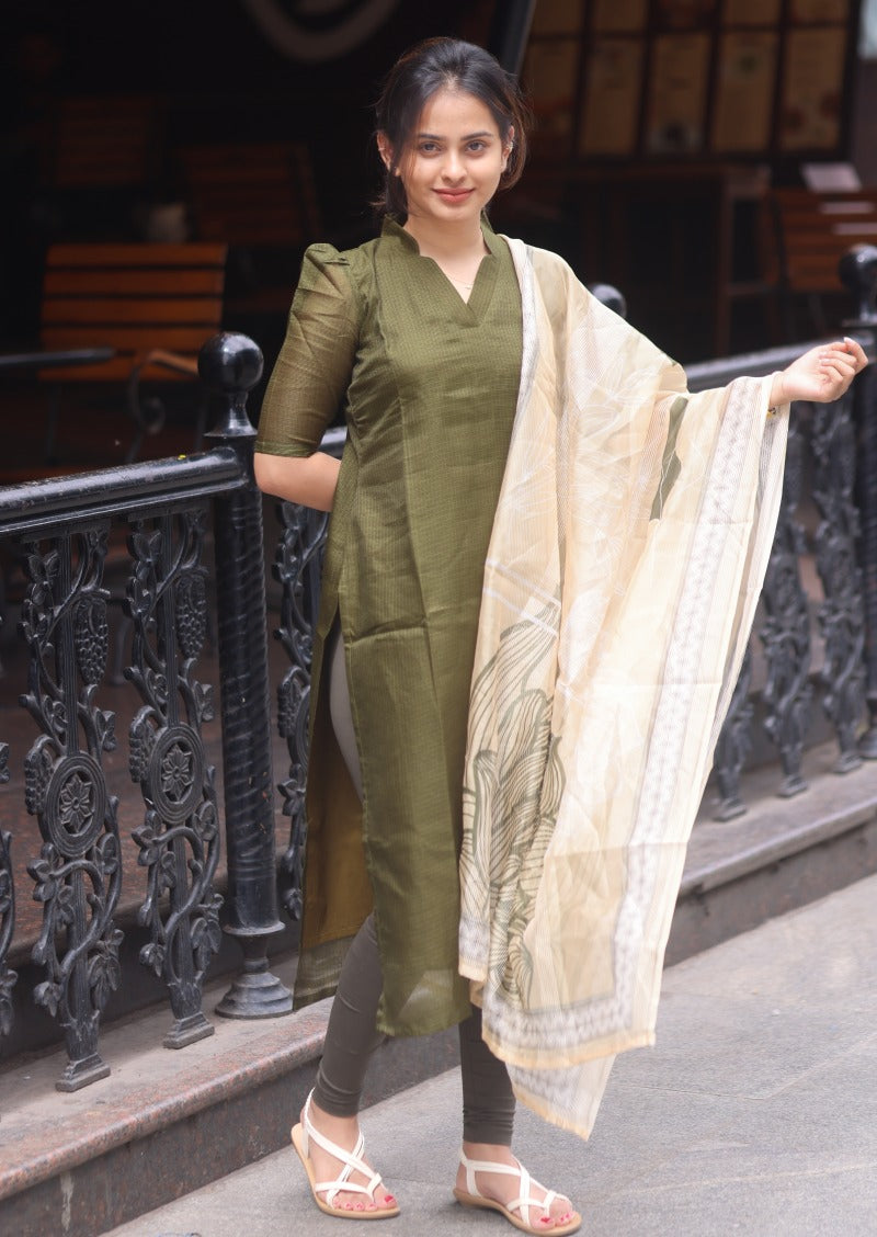 Olive Plaid Top and Dupatta Set