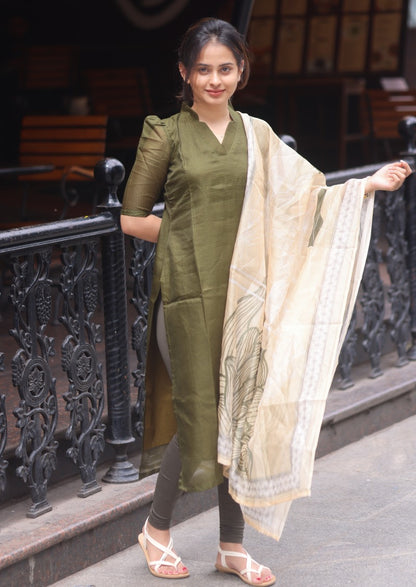Olive Plaid Top and Dupatta Set