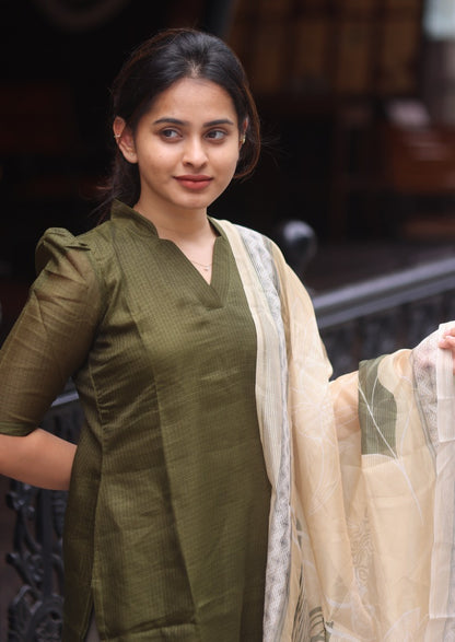 Olive Plaid Top and Dupatta Set