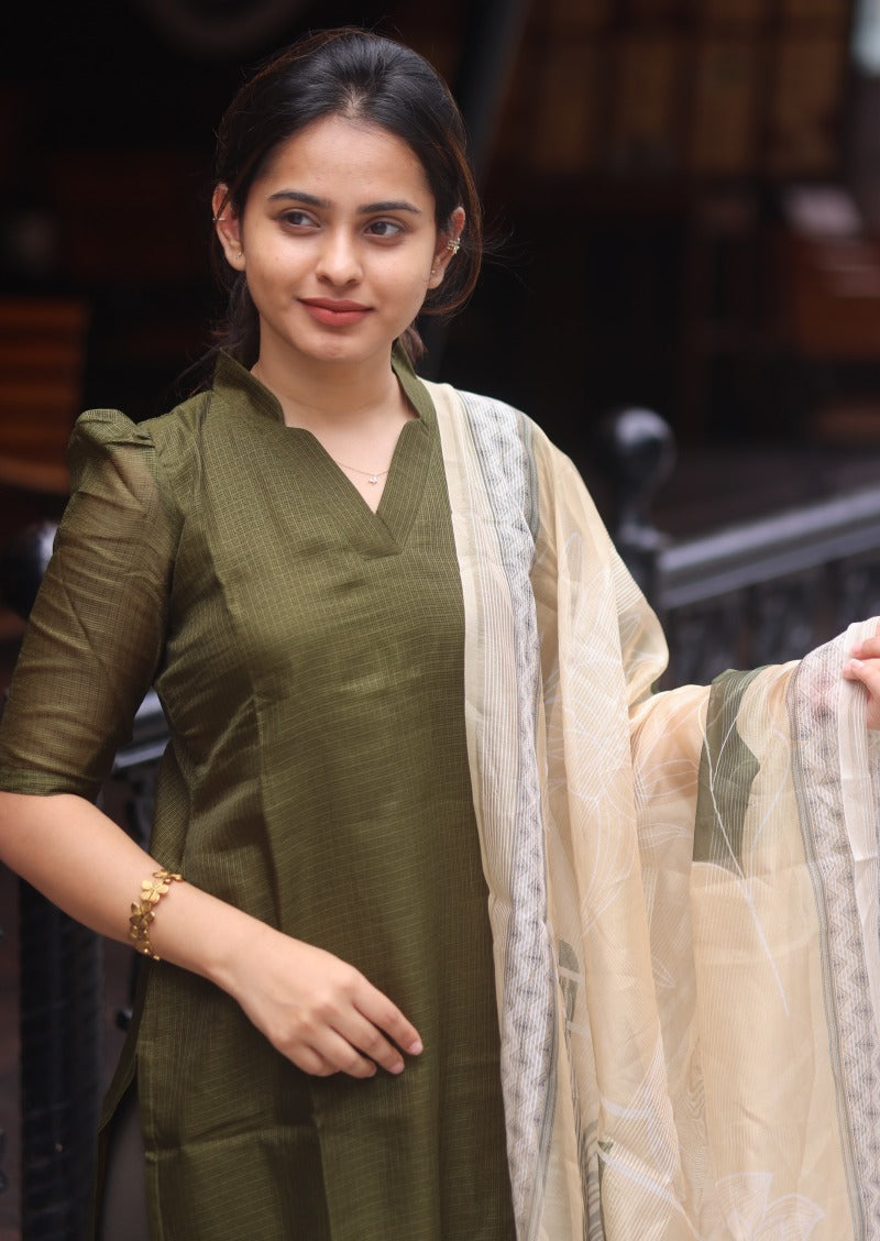 Olive Plaid Top and Dupatta Set