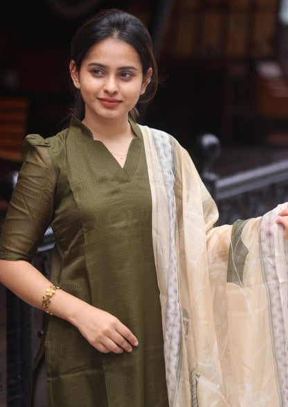 Olive Plaid Top and Dupatta Set